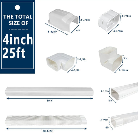 Dimensions and components of 4 Inch W 25 Ft L PVC Decorative Line Set Cover Kit For Ductless Mini Split Air Conditioners And Heat Pumps