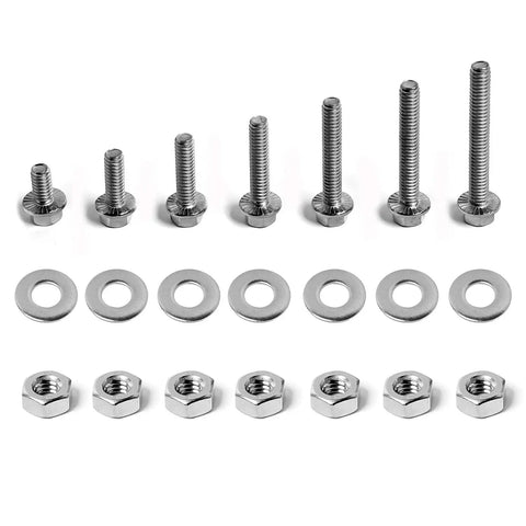 Stainless Steel 304 1/4-20 Flange Hex Bolts Kit With Nuts And Flat Washers, Fully Threaded Bolts In 1/2, 3/4, 1, 1-1/4, 1-1/2, 1-3/4, And 2 Inch Lengths, Great For Auto, Outdoor, And DIY Projects. bolts, washers, and nuts laid out by size