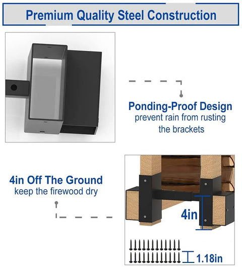 Adjustable Depth Firewood Rack Bracket Kit For 2x4 Lumber Storage, Outdoor And Indoor Patio Use, Three Depth Settings 11.7, 13.3, 14.8 Inches, Pair, 2x4s Not Included