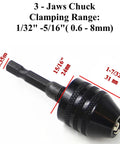 Three Piece Drill Bit Adapter Set With 1/4 Inch Hex Shank For Impact Drivers, Black Three-Jaws Chuck, Clamping Range 0.6-8mm