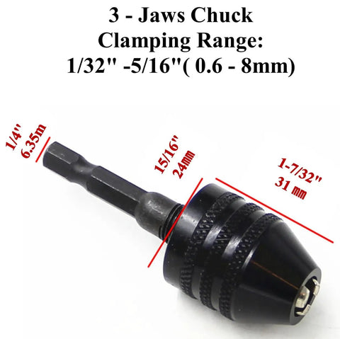 Three Piece Drill Bit Adapter Set With 1/4 Inch Hex Shank For Impact Drivers, Black Three-Jaws Chuck, Clamping Range 0.6-8mm