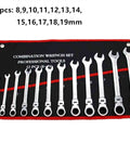 12 Piece Ratchet Spanner Set With 180 Degree Pivoting Head For Tight Spaces displayed on red tool roll