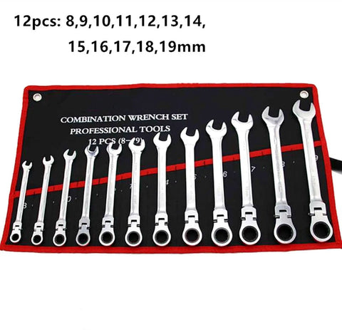 12 Piece Ratchet Spanner Set With 180 Degree Pivoting Head For Tight Spaces displayed on red tool roll