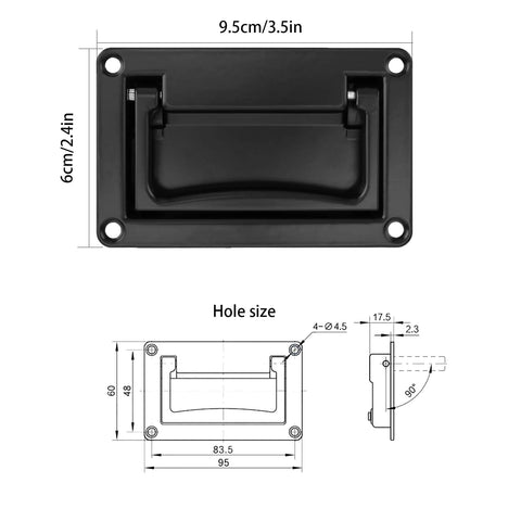 Diagram of Recessed Pull Handle Set Black Zinc Alloy Flush Cabinet And Toolbox Handle 95mm by 60mm by 14mm with measurements.