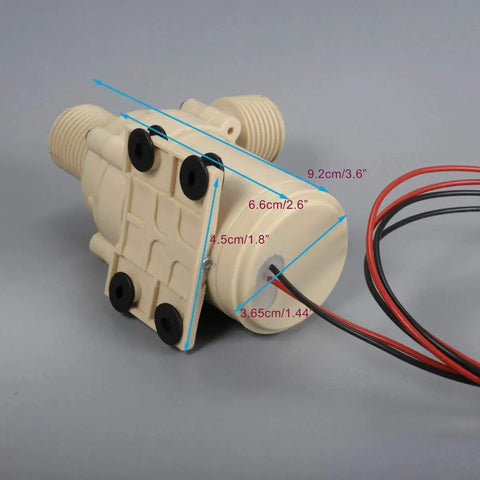 Go To 12V Solar Hot Water Circulation Pump Low Noise Brushless DC Motor Two Point One GPM Flow Nine Point Eight Feet Head Half Inch Male Thread Non Self Priming For RVs Cabins Solar Heating Systems side view showing dimensions and wires