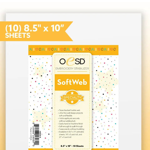 Soft Web Fusible Embroidery Backing 8.5 By 10 Inches 10 Sheets No Bulk Keeps Projects Soft Flexible And Quilt Ready Printable For Inkjet Printers packaging showing front label and sheet size.