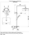 Dimensional drawing of Rain Shower System with 10" Rainfall Head & Thermostatic Faucet, Wall Mounted Brass Shower Set.