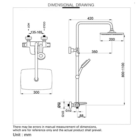 Dimensional drawing of Rain Shower System with 10" Rainfall Head & Thermostatic Faucet, Wall Mounted Brass Shower Set.