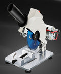 Rock Solid Smooth Operating Mini Desktop Saw For Wood Stone Steel Craft Cutting With Low Noise All Copper Motor Heavy Duty Precision Setup Including Nine Interchangeable Angled Blades Knockout Performance on a silver base with a blue blade.