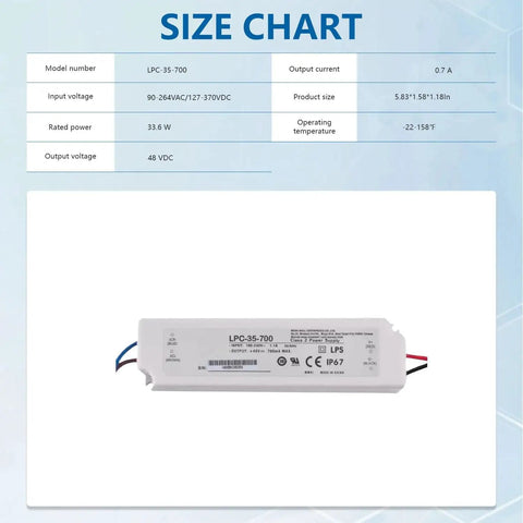 Rugged IP67 Waterproof LED Driver With 700 mA Constant Current For Outdoor Industrial Signage And Architectural Lighting Fully Sealed Enclosure Built To Weather Rain Dust And High Pressure Washdowns, size chart