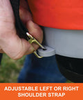 Close-up of adjustable shoulder strap on 25 lb handheld bag seeder spreader with waterproof bag and enclosed gears in bright orange.