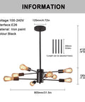 Diagram of 8 Light Dope Modern Industrial Ceiling Chandelier With Adjustable Height Black Finish, showing dimensions and specifications.