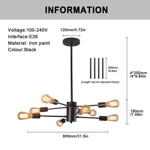 Diagram of 8 Light Dope Modern Industrial Ceiling Chandelier With Adjustable Height Black Finish, showing dimensions and specifications.