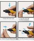 Steps showing use of Handheld Electric Grinding And Engraving Pen Kit With 58 Bits for DIY projects, including bit installation.