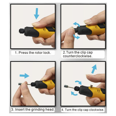Steps showing use of Handheld Electric Grinding And Engraving Pen Kit With 58 Bits for DIY projects, including bit installation.