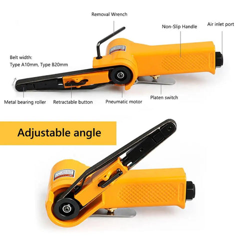 Heavy Duty Pneumatic Belt Sander Derusting Deburring Polishing Machine 20mm By 520mm with adjustable angle and non-slip handle.