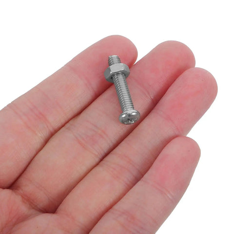 Close-up of one M4x20mm stainless steel screw and nut from Five Sets Fan Mesh Cage Screw And Nut Kit for grille installation.