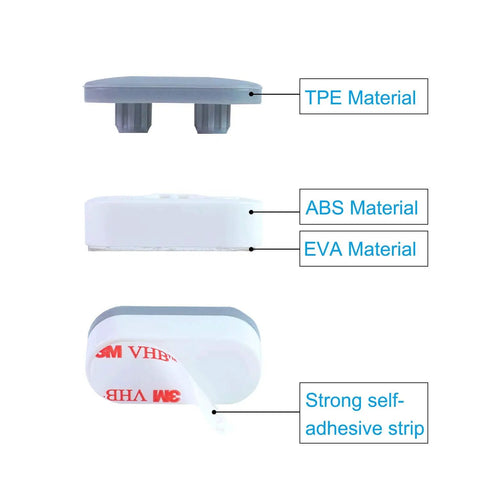 Universal Toilet Seat Bumpers With Dual Height TPE Pads 10 Pack image showing TPE, ABS, EVA materials and self-adhesive strip.