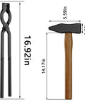 17 Inch Carbon Steel Blacksmith Tongs Set, 2 Piece Pro Grade Forging Tongs For Beginners To Pros next to hammer, dimensions labeled