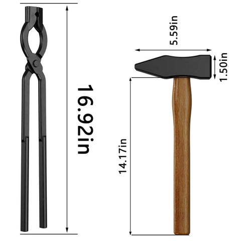 17 Inch Carbon Steel Blacksmith Tongs Set, 2 Piece Pro Grade Forging Tongs For Beginners To Pros next to hammer, dimensions labeled