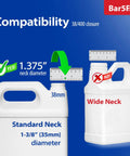 Hella Heavy Duty Gallon Pump Dispenser With 38 400 Thread compatibility image showing standard neck vs wide neck jug sizes.