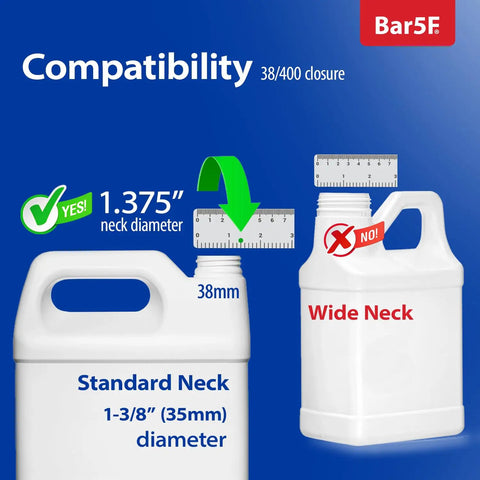 Hella Heavy Duty Gallon Pump Dispenser With 38 400 Thread compatibility image showing standard neck vs wide neck jug sizes.