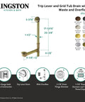 21 Inch Matte Black Trip Lever Waste And Overflow Drain For Bathtub Heavy Duty Brass Grid Build, showing dimensions and features.