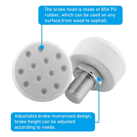 Beefy Adjustable Rubber Toe Stops for Roller Skates and Quad Skates, Non Marking, Durable Brake Block, 14mm Bolt with 26mm Rod, White
