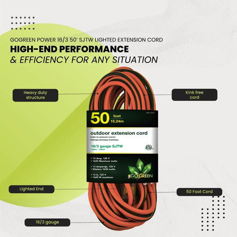 16/3 50-Foot Outdoor Extension Cord Not For EV Chargers Heavy Duty Weatherproof Contractor Grade SJTW Moisture Resistant