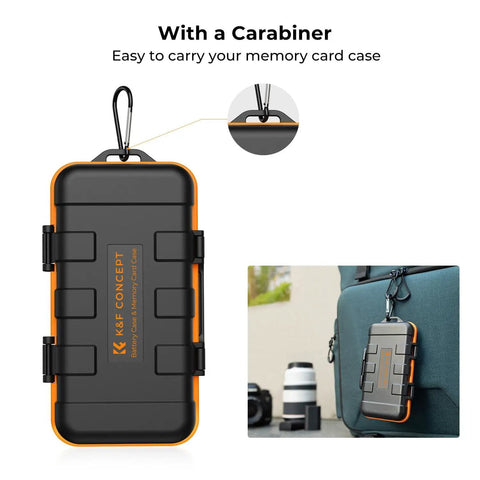Rugged Water Resistant Camera Battery And Card Case with carabiner attached to a blue backpack, showing secure portability.