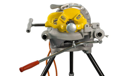 Reconditioned Model 300 Pipe Threader With Foot Pedal Control And Universal Quick Swap Die Heads heavy duty pipe threading machine on stand.