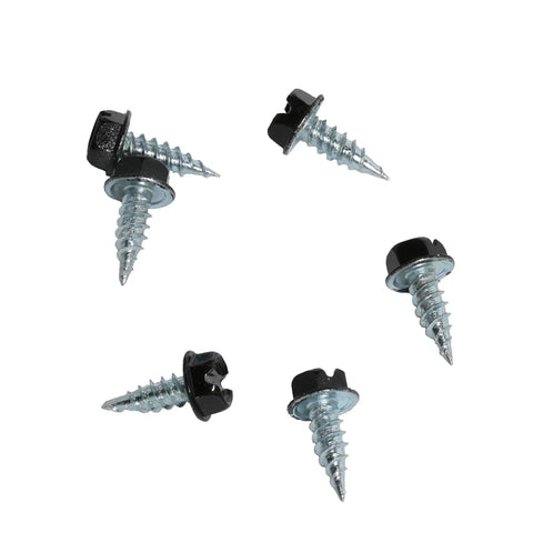 Bombproof Self Piercing Sheet Metal Screws With Slotted Hex Washer Head And Durable Black Coating Size Seven Half Inch Length Combo Lead Thread For Zero Strip Drive And Killer Grip One Hundred Solid Pack, five screws displayed.