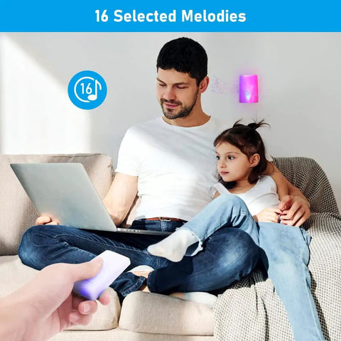 Man and child using laptop with 7 Color LED Lights Flash And Music Doorbell for home, LED illuminating in background.
