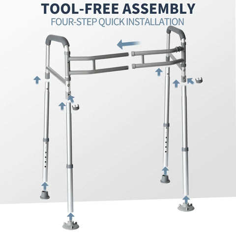 Heavy Duty Toilet Safety Rails Height Adjustable Foldable Frame Zero Hassle Setup For Seniors Handicap And Elderly Users Rigged Tough Holds Up To 350 Lbs showing tool-free assembly with adjustable height options.