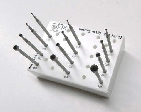 Stone Setting Burs 12 Piece Jewelry Making Kit 009 To 050 With Three Thirty Second Inch Shank Fig 413 displayed in holder