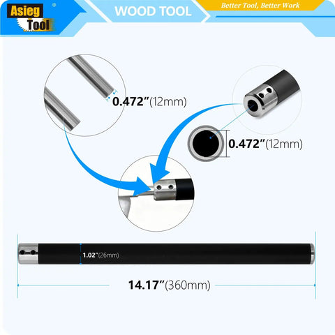 Detailed view of Carbide Tipped Wood Turning Tools Set For Lathe With Swan Neck Hollower Rougher Finisher Detailer And Interchangeable Aluminum Grip Handles AT04, showing dimensions and aluminum grip handles with inserts.