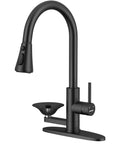 Kitchen Faucet with Glass Rinser, Pull Down Sprayer, 3 Water Modes in sleek black finish with integrated cup washer.