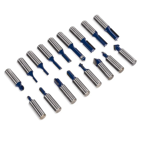 Close-up of 80 Piece One Half Inch Shank Carbide Router Bit Set for Woodworking with Tungsten Carbide Bits, various shapes on display.
