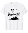 Paramotor Mode On Graphic Tee For Powered Paragliding Fans with mountain design and bold paramotor motif.