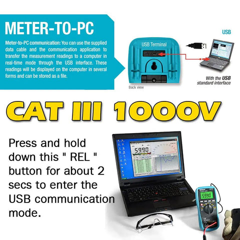 Automotive Dwell Meter Digital Multimeter Auto Range TRMS 5999 Counts connected to laptop via USB, CAT III 1000V shown