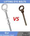 Comparison of Heavy Duty 1/4 Inch By 6 Inch Eye Bolt Set With 304 Stainless Steel Nuts And Washers against rusty metal bolt