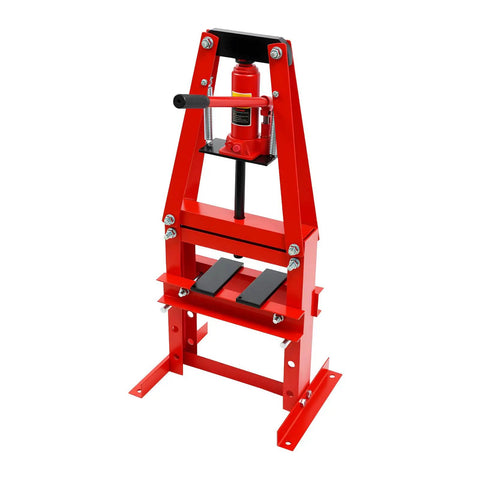 Rock Solid 6 Ton Hydraulic Shop Press With Plates Garage Workhorse Straight Up Engineered For Auto Repair, red steel frame, hydraulic press with adjustable plates.