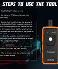 Tire Pressure Monitor System Relearn Tool El-50448 Orange Grip with instructions for use and battery operation steps.