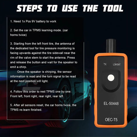 Tire Pressure Monitor System Relearn Tool El-50448 Orange Grip with instructions for use and battery operation steps.