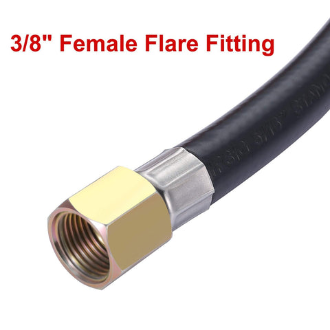 Close-up of 3/8" female flare fitting on Six Foot Propane Adapter Hose With Regulator To Quick Connect For 17 And 22 Inch Blackstone Tabletop Camper Grills Easy Quick Connect Line Replacement Part For Griddle And Other Propane Accessories.