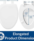 Heavy Duty White Elongated Toilet Seat With Dead Quiet Slow Close Action And Reinforced Wood Core That Locks Down Tight Zero Shift Or Slamming For A Straight Up Hassle Free Easy Install dimensions displayed on a measuring chart.