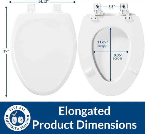Heavy Duty White Elongated Toilet Seat With Dead Quiet Slow Close Action And Reinforced Wood Core That Locks Down Tight Zero Shift Or Slamming For A Straight Up Hassle Free Easy Install dimensions displayed on a measuring chart.