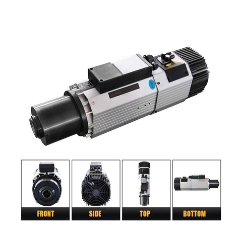 Top Shelf Heavy Duty Cnc Spindle Motor With Quiet Air Cooled Cooling And 9000W Raw Oomph For Flawless Industrial Engraving Milling And Routing Jobs Running Fast Up To 24000 Rpm On 220V Systems, showing front, side, top, and bottom views.