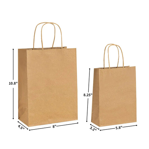 Custom Kraft Paper Bags With Logo 300 Pack For Small Biz, showing two brown bags with handles, sizes 8x4.5x10.8 inches and 5.8x3.2x8.25 inches