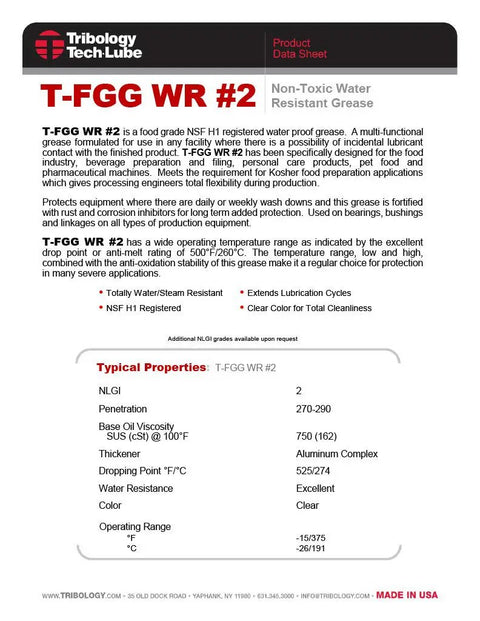 Product data sheet for T-FGG WR #2, a food grade NSF H1 water resistant grease with properties and specifications.